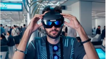 Man using VR headset at GITEX 2024 showcasing urban development and futuristic smart city technology