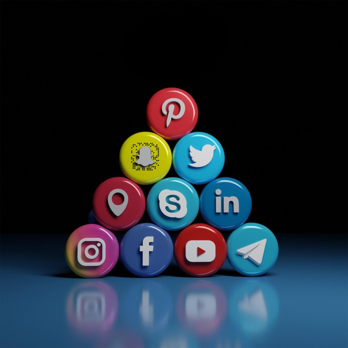 3D social media account management cons stacked together representing digital marketing, online communication, brand engagement, and multi-platform growth strategy