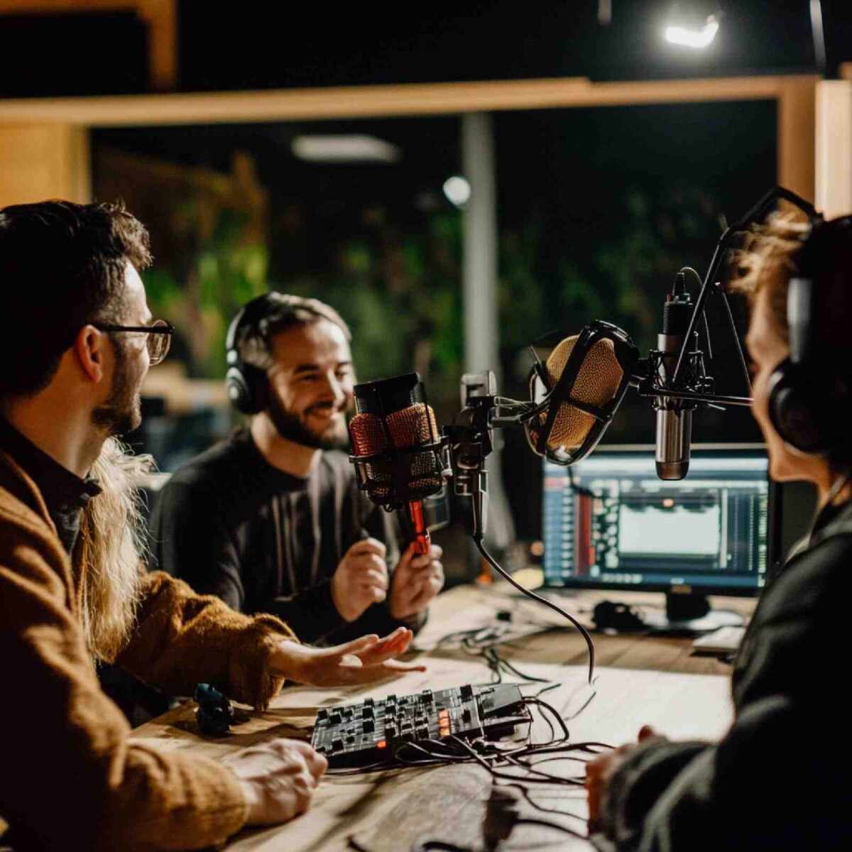 Professional podcast production services recording session in a Dubai studio with hosts using broadcast microphones and audio mixers for high-quality production.