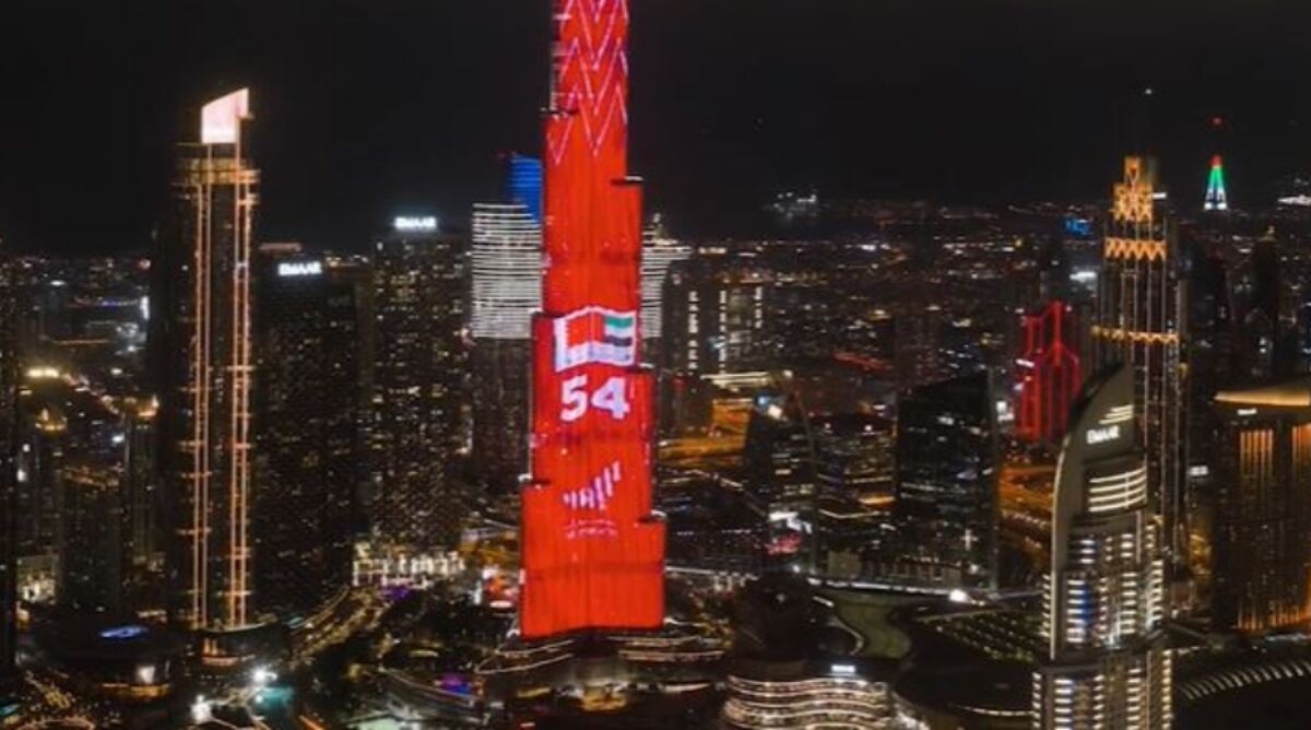 Burj Khalifa Lights Up for Bahrain’s 54th National Day Burj Khalifa illuminated in red honoring Bahrain's 54th National Day, symbolizing unity and strong diplomatic ties with the UAE.