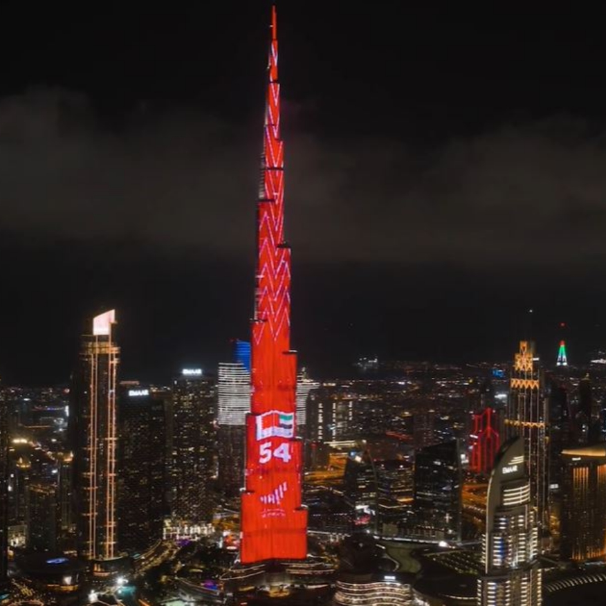 Burj Khalifa illuminated in red honoring Bahrain's 54th National Day, symbolizing unity and strong diplomatic ties with the UAE.