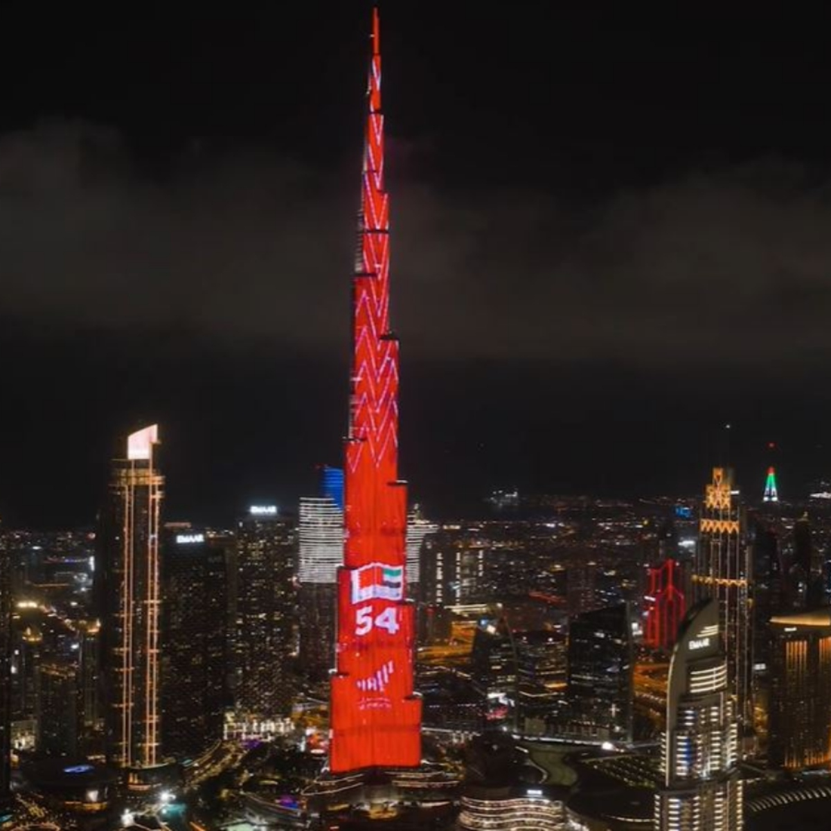 Burj Khalifa Lights Up for Bahrain’s 54th National Day Burj Khalifa illuminated in red honoring Bahrain's 54th National Day, symbolizing unity and strong diplomatic ties with the UAE.