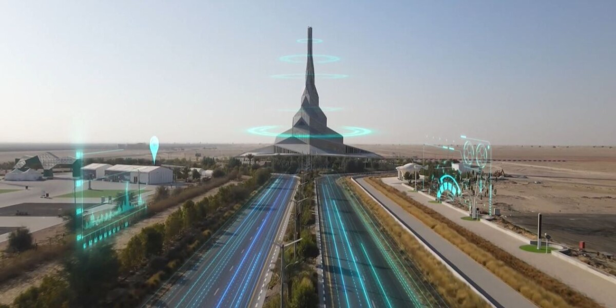 Smart City Innovation Corridor with AI Technology Dubai Solar Energy Park 2050 : Futuristic smart city roadway with AI data overlays leading to an iconic innovation tower, showcasing connected infrastructure and digital intelligence