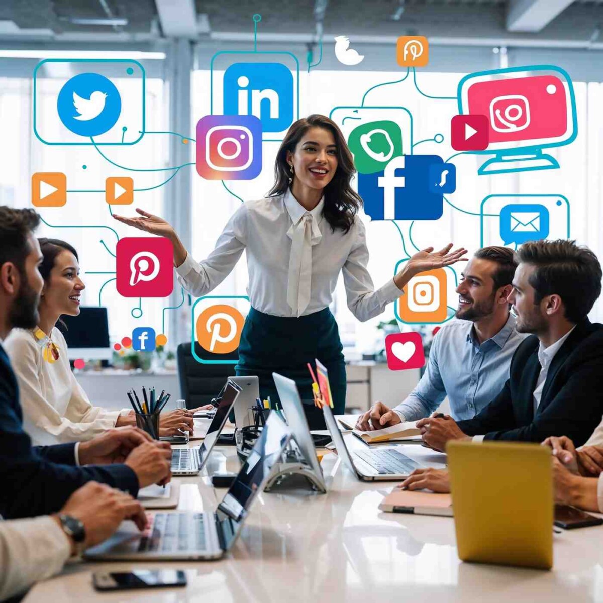 Team collaborating on a social media strategy, aligning content, platforms, and audience insights to drive engagement and brand growth.