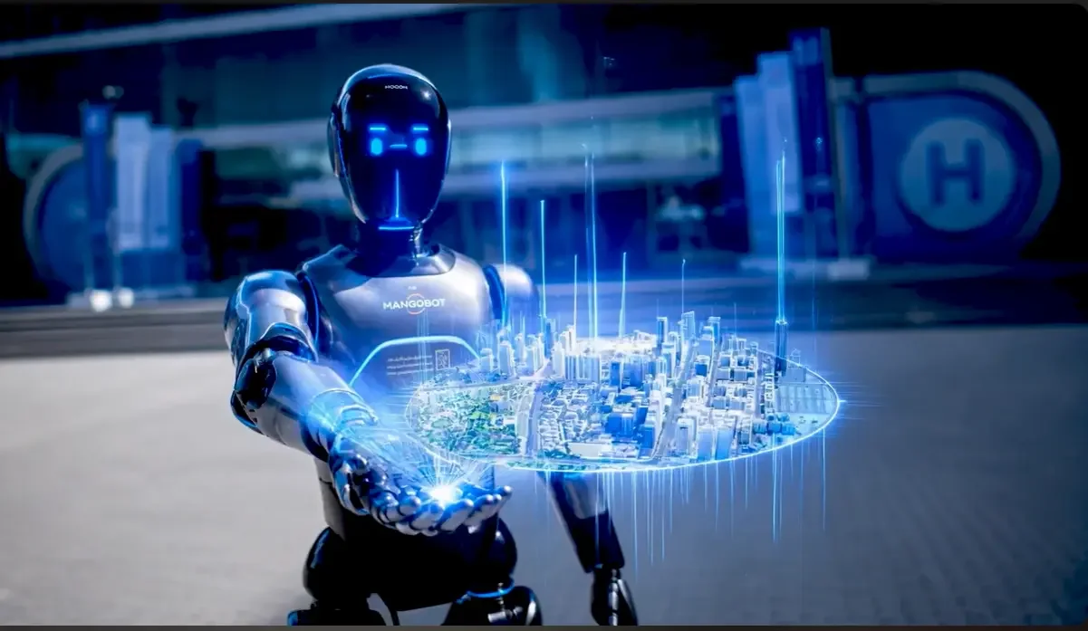 ADIS 2026 Day 2: Future of Smart Cities in Abu Dhabi Humanoid AI robot displaying a holographic smart city model at ADIS 2026, showcasing future urban infrastructure and innovation in Abu Dhabi.